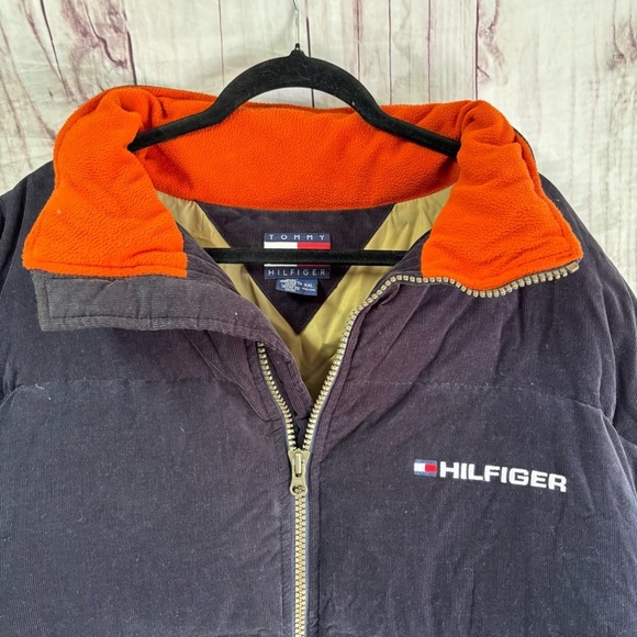 Vintage Tommy Hilfiger 90s Corduroy Trucker Style Black Puffer Jacket XXL - Picture 2 of 9